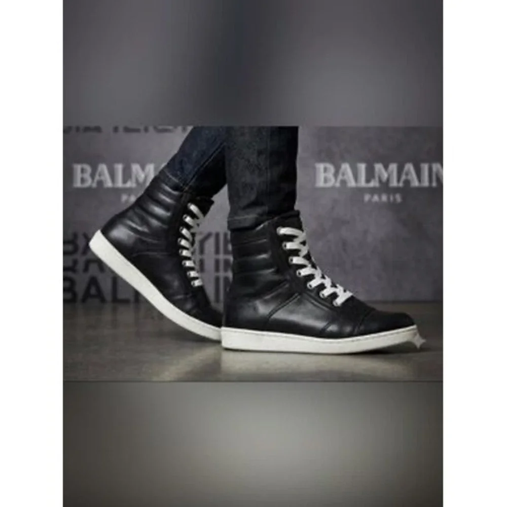 Balmain Kids Black Leather Lace Up High Top Sneakers Size 33/US 2